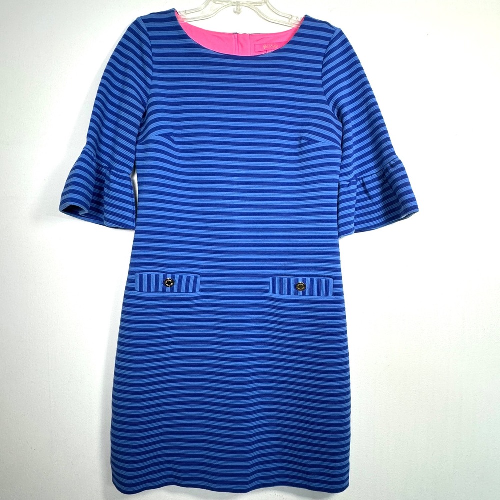 Lilly Pulitzer Alden Shift Dress‎ Ottoman Striped Bell Sleeve Gold Button Size S